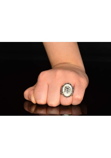 925 Ayar Gümüş Erkek Yüzük - 5.30 Karat Doğal İnci Taşı, Çift Başlı Kartal Tasarımı Gümüş