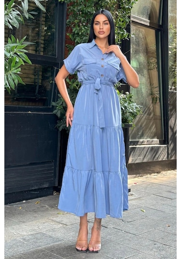 Mavi Pliseli Kuşaklı Maxi Uzun Ceket Elbise Mavi