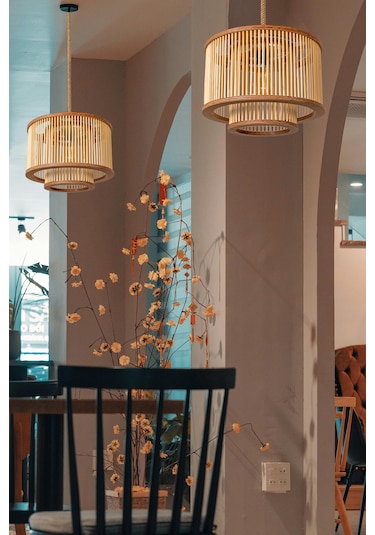 Rustik Serisi Firuze Bambu Sarkıt Avize Ahşap