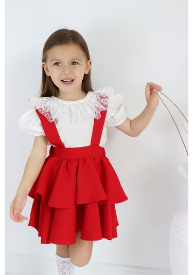 Kız Çocuk Helen Kırmızı Askılı Bağlama Jile 23 Nisan 29 Ekim Elbise Ekru Dantel Kısa Kollu Bluz Takım