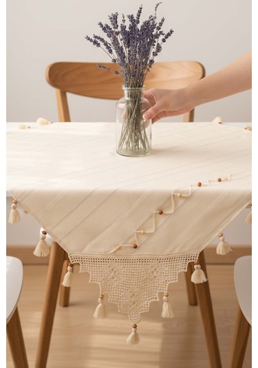 Boncuk Detaylı Güpürlü Kare Runner 90x90 Cm Krem