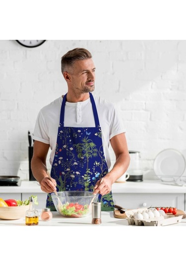 Lacivert Çiçek Detalı Mutfak Önlüğü Keten Kumaş, Uluslararası Yıkama Ve Solmama Sertifikası Çok Renkli