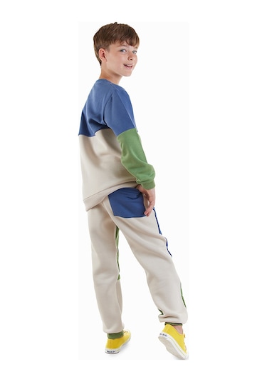 Denokids Renk Bloklu Erkek Çocuk Eşofman Takımı - Krem - Mavi - Yeşil