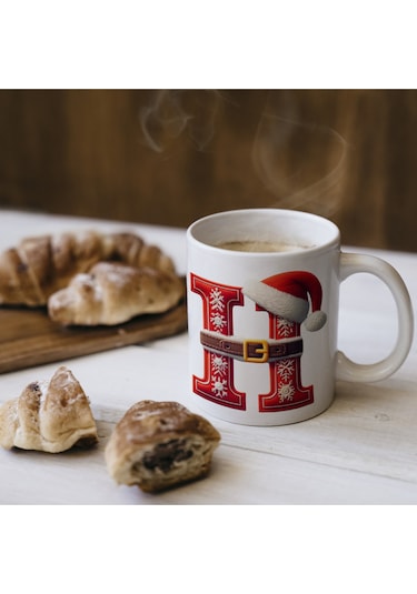 H Harfi Yılbaşı Temalı Bardak 330 Ml Harfli Kişiye Özel Hediye - Yeniyıl / Noel Şapka Tasarım Beyaz