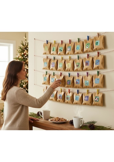 Yılbaşı Advent Takvimi Hediye Seti, Sticker-kraft Kese Kağıdı-renkli Ahşap Mandal-jüt&twine Baker İp