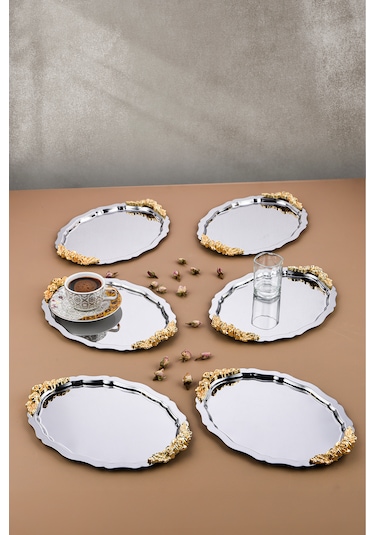 6 Adet Oval Model Gül Motifli Kahve-çay Sunum Tepsisi 25x20 Cm
