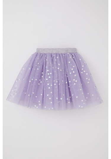 Breeze Kız Çocuk Tütü Etek Simli Kalp Desenli Beli Lastikli 5-10 Yaş, Lila Lila