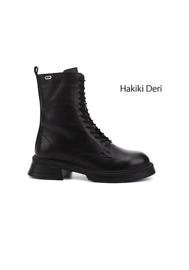 Gönderi(R) Gönderi R Siyah Fermuarlı Kalın Taban Hakiki Deri Postal Bot Siyah