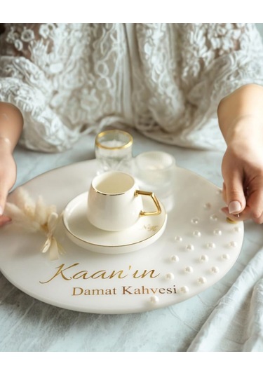 İnci Detaylı Gold Nişan Tepsisi Ve Damat Kahvesi Seti