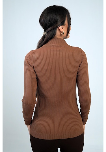 By Saygı Kadın Balıkçı Yaka Basic Fitilli Kolları Düğme Detaylı Kazak-41792 CAMEL