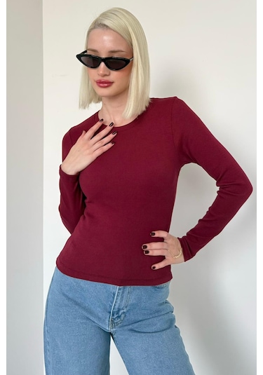 Madmext Bordo Bisiklet Yaka Slim Fit Kadın Body Mg2564 Bordo