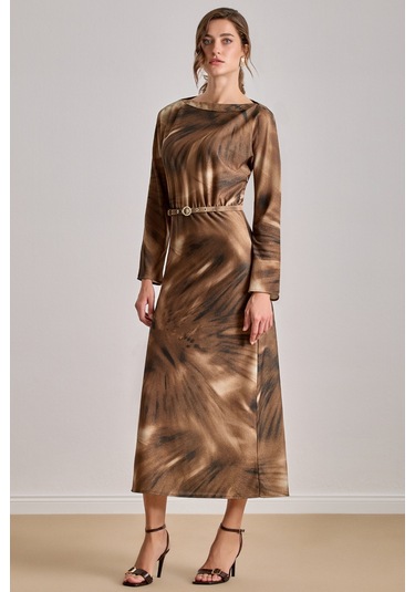 Bilekte Boy Kahverengi Desenli Elbise Kahverengi