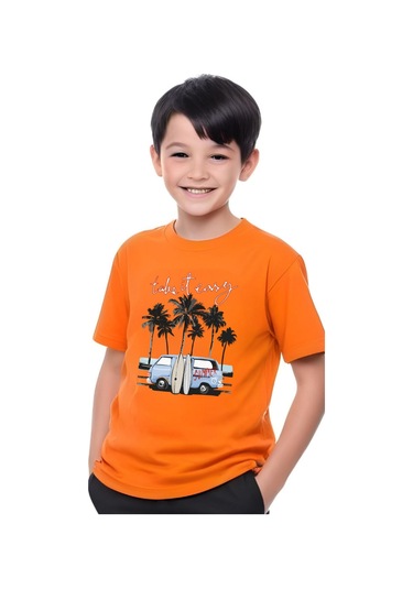 Summer Van Baskılı Erkek Çocuk Yuvarlak Yaka Kısa Kollu T-shirt Turuncu