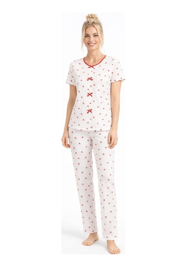 Kadın 01567 Kısa Kol Kaşkorse Pijama Takımı Beyaz