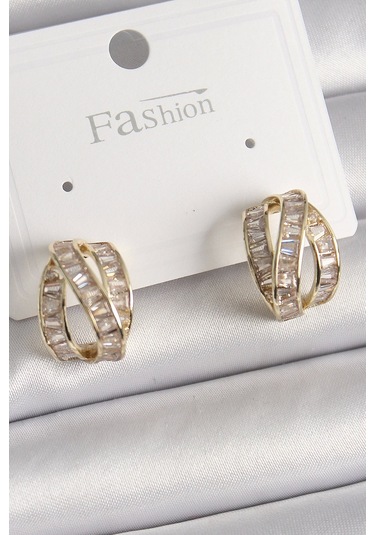 Pirinç Gold Renk Zirkon Taşlı Düğüm Halka Model Kadın Küpe Çok Renkli