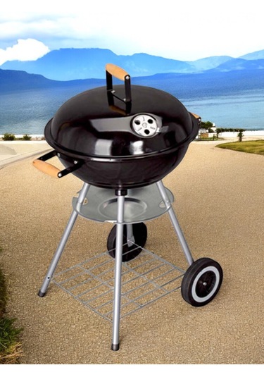 Yuvarlak Kömürlü Mangal Ahşap Kulplu Tekerlekli Mangal 44 Cm