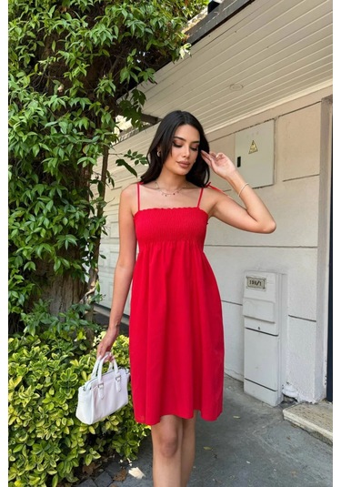 Kısa Pamuklu Yaz Elbisesi Askısı Bağlamalı Astarsız Kırmızı