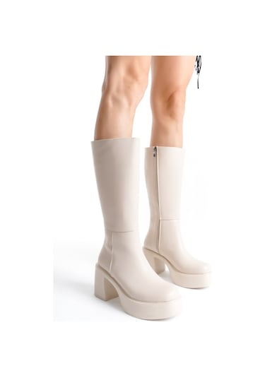 Ventes Kalın Taban Topuklu Fermuarlı Diz Altı Sade Klasik Kadın Çizme 914303-z TEN CİLT