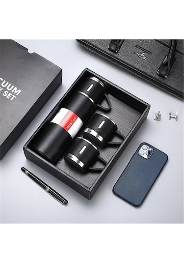 Kişiselleştirilebilir 3 Bardaklı Çelik Termos 05 Lt Siyah Siyah