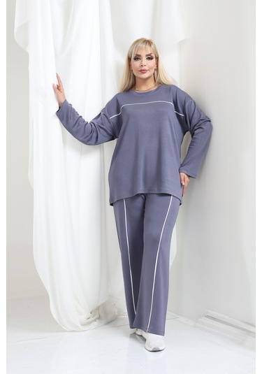 Kadın Büyük Beden Oysho Tarzı Modal Kumaş Uzun Kollu Biyeli Rahat Günlük Takım Gri