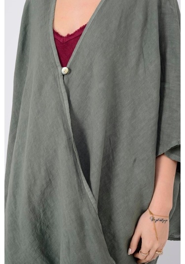 Bohem Kuruvaze Tek Düğmeli Keten Bluz-9884 Haki