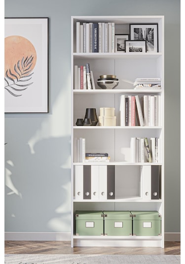 Bili Kitaplık 5 Raflı Geniş Çok Amaçlı Ofis Salon Kitap Dosya Rafı Beyaz Beyaz