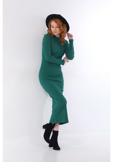 Kallima Yeşil Bodycon Dik Yaka Uzun Kollu Fitilli Elbise - 130 Cm Yeşil
