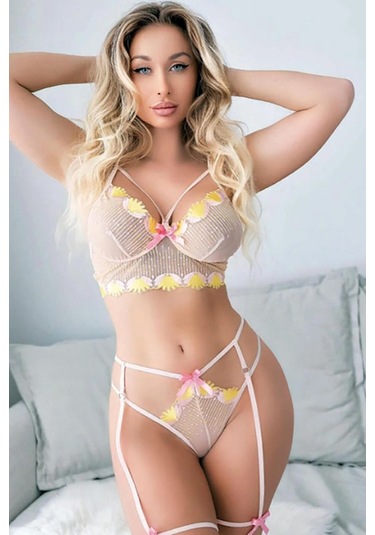 Nıght Lıght Kadın Pudra Nightlight Çiçek Desenli Fantezi Sütyen Külot Takım Pudra