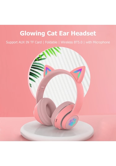 Mor Renkli Bluetooth 5.0 Işıyan Kedi Kulaklıkları