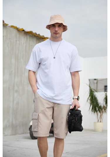 Bej Renk Kargo Cepli Paraşüt Kumaş Erkek Şort-1556 Bej