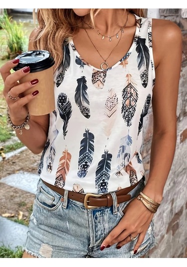 Kadın Sıfır Kollu V Yakalı Yaprak Desenli Süprem Bluz Desenli