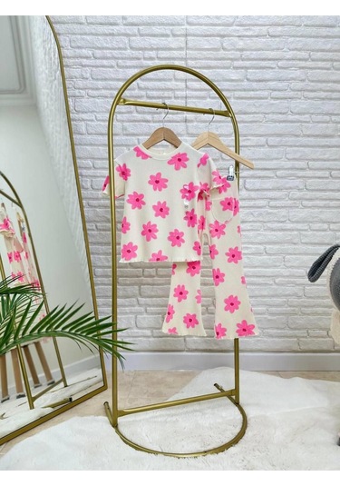 Kız Çocuk Pembe Çiçek Desenli Fitilli Kumaş T-shirt Tayt İspanyol Alt Üst Takım Pembe
