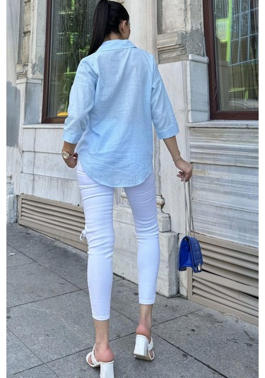 Kadın Mavi Truvakar Kol, Oval Kesim, Terletmez, Flamlı Keten Salaş Gömlek Mavi