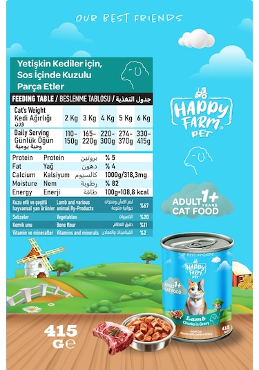 Happy Farm Yaş Kedi Maması Kuzu Etli 415 Gr 6 Adet