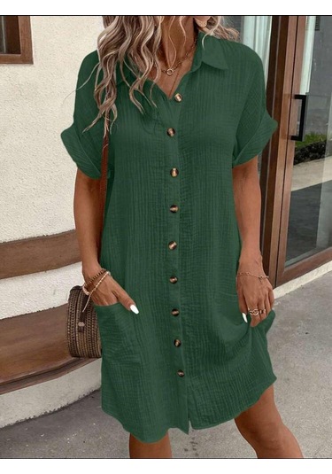 Kadın Yakalı Cepli Kısa Kollu Bürümcük Kumaş Gömlek Elbise Yeşil