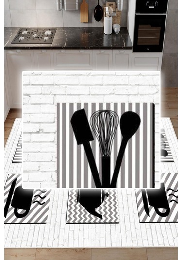 Dijital Baskılı Dekoratif Kaymaz Taban Yıkanabilir Mutfak Eşyası Desenli Halı Mutfak Halısı Yolluk Salon Halısı Gri