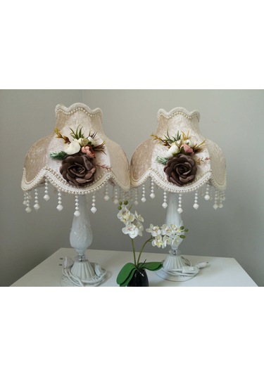 İki Adet Çiçek Dekorlu Abajur Çiçekli Abajur Özel Tasarım Dekorat Mor