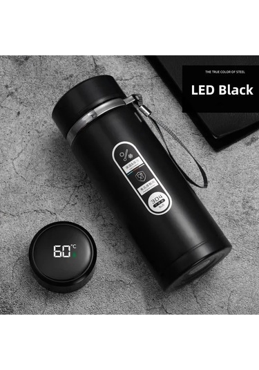 1000ml Paslanmaz Çelik Termos Led Sıcaklık Göstergesi Ile Su Mat Siyah