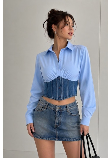 Tarz Cool Kadın Kot Korse Detaylı Özel Tasarım Slim Gömlek Mavi