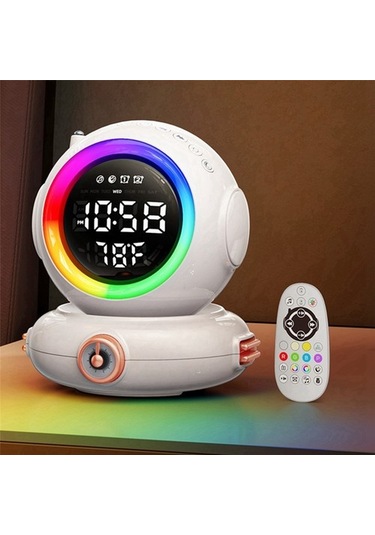 Szypzstore Uyanma Işığı Bluetooth Hoparlör Mini Fm Radyo Renkli Astronot Gece Lambası B2gol8 Beyaz