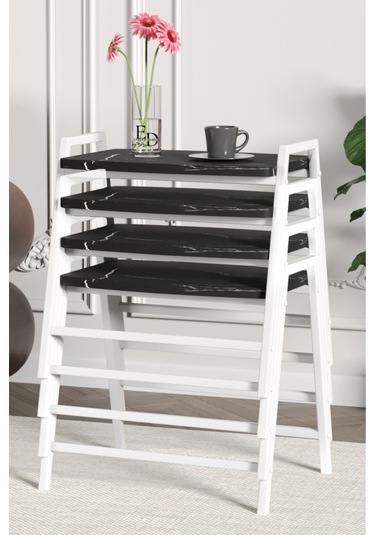 Zigon Sehpa , Aden 4'lü Tepsi Zigon Sehpa Takımı Beyaz Metal - Siyah Mermer Tabla Beyaz-siyah Mermer