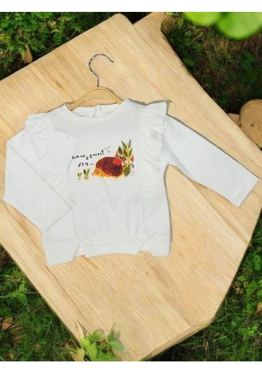 Kız Bebek Pamuklu İnce Uzun Kollu Kirpi Desenli Bluz-14898 Ekru