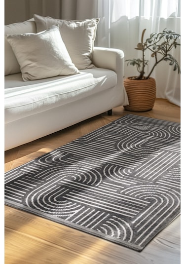 Revna Antrasit Yıkanabilir Halı Kaydırmaz Tabanlı Pamuk Dokuma Salon Mutfak Koridor İçin Antrasit