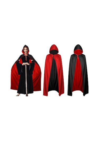 Çift Taraflı Kullanılabilir Siyah Kırmızı Kapişonlu Pelerin 140 Cm Yetişkin