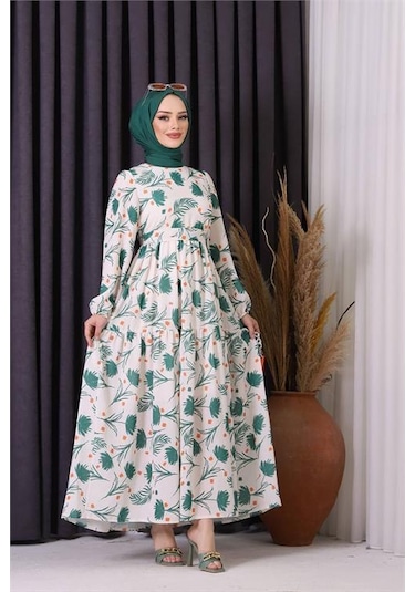 Neşeli Butik Kadın Keten Desenli Tesettür Elbise Sms002 - Yeşil Yeşil