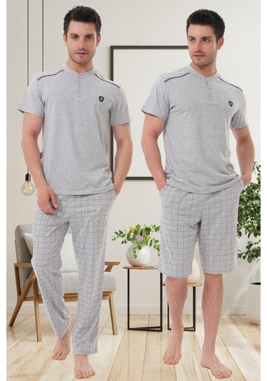 Mecit 2980 Gri Büyük Beden 3 Parça Erkek Şortlu Pijama Takımı Gri