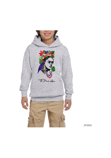 Frida Kahlo Drawing Gri Çocuk Kapşonlu Sweatshirt Gri