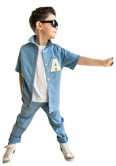 Erkek Çocuk A Nakışlı Gömlek Tişört Pantolon Üçlü Kot Takım