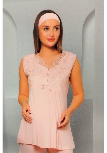 Flz Pijama 3'lü Dantelli Lohusa Pijama Takımı Pudra