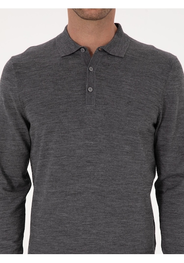 Cacharel Füme Slim Fit Yün Karışımlı Polo Yaka Basic Triko Kazak Gri